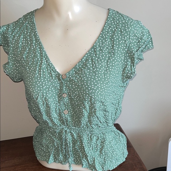 One Clothing Green Polka Dot Button Blouse - Picture 1 of 4